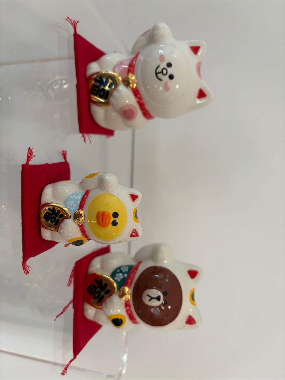 Set of 3 Ceramic Lucky Cat Figurines - White with Pink, Yellow, Brown Accents